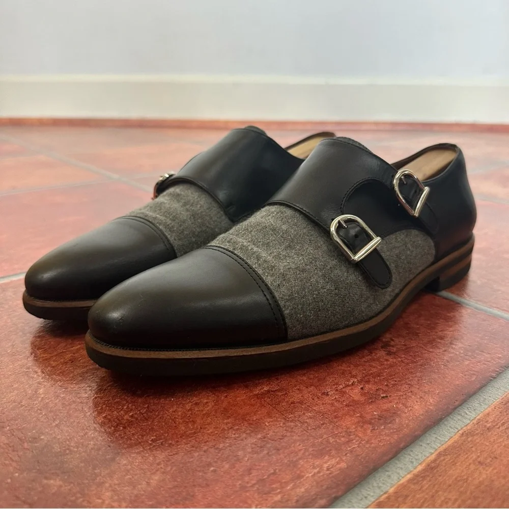 Taft Men’s Double Monk Strap Shoes in Italian Leather and Grey Flannel
